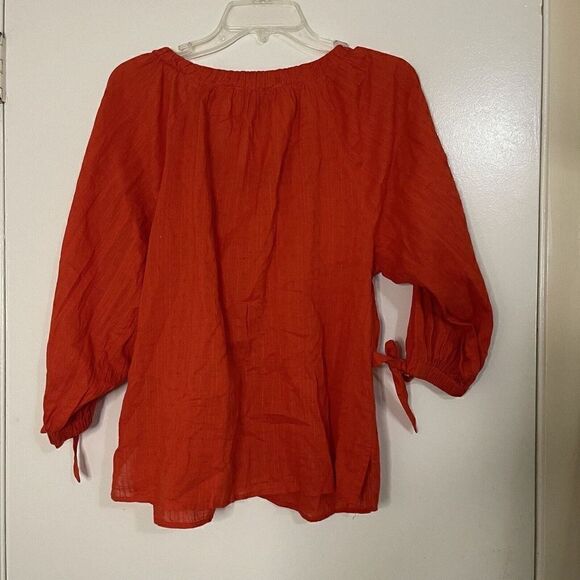CLEOBELLA Ryan Red organic cotton button front sleeve tie blouse top US Small - Picture 2 of 6
